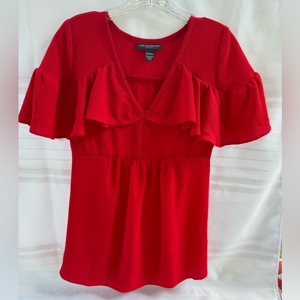 A Pea in the Pod Red Flowy Frilly Maternity Blouse Size XS EUC